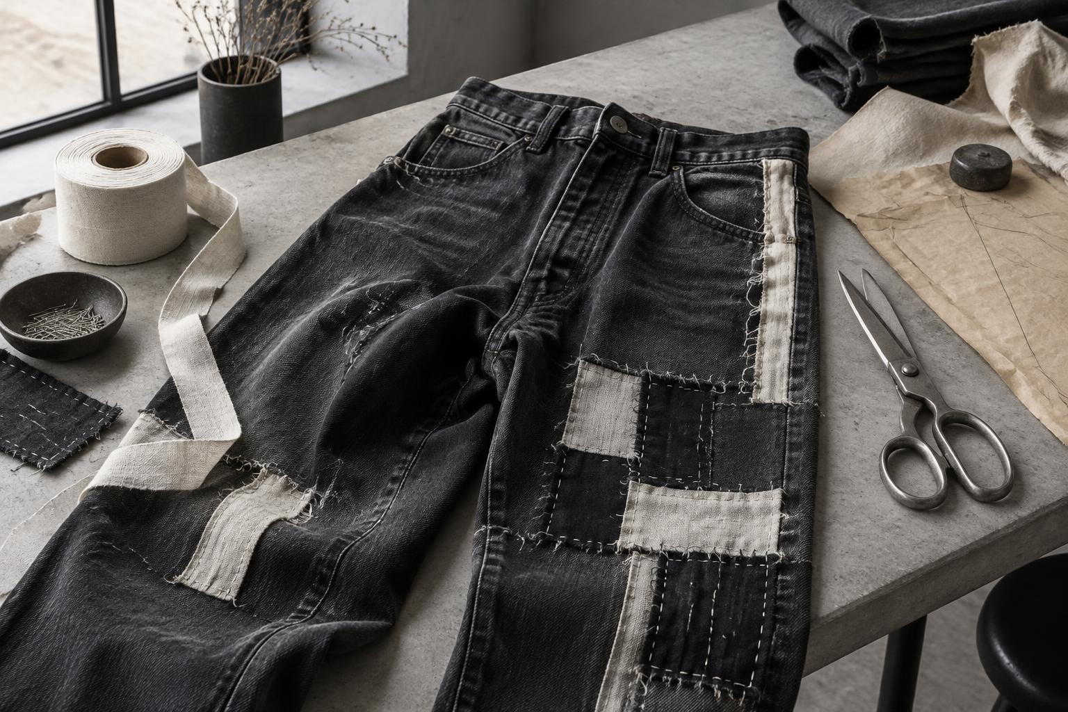 Editorial concept of an artisan's denim work table